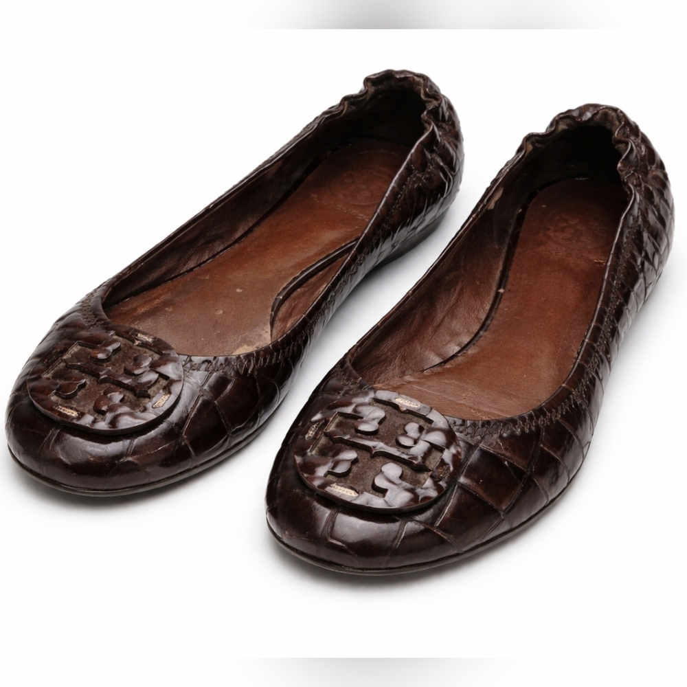 Tory Burch Dark Brown Embossed Patent Leather Flats Sz.8
